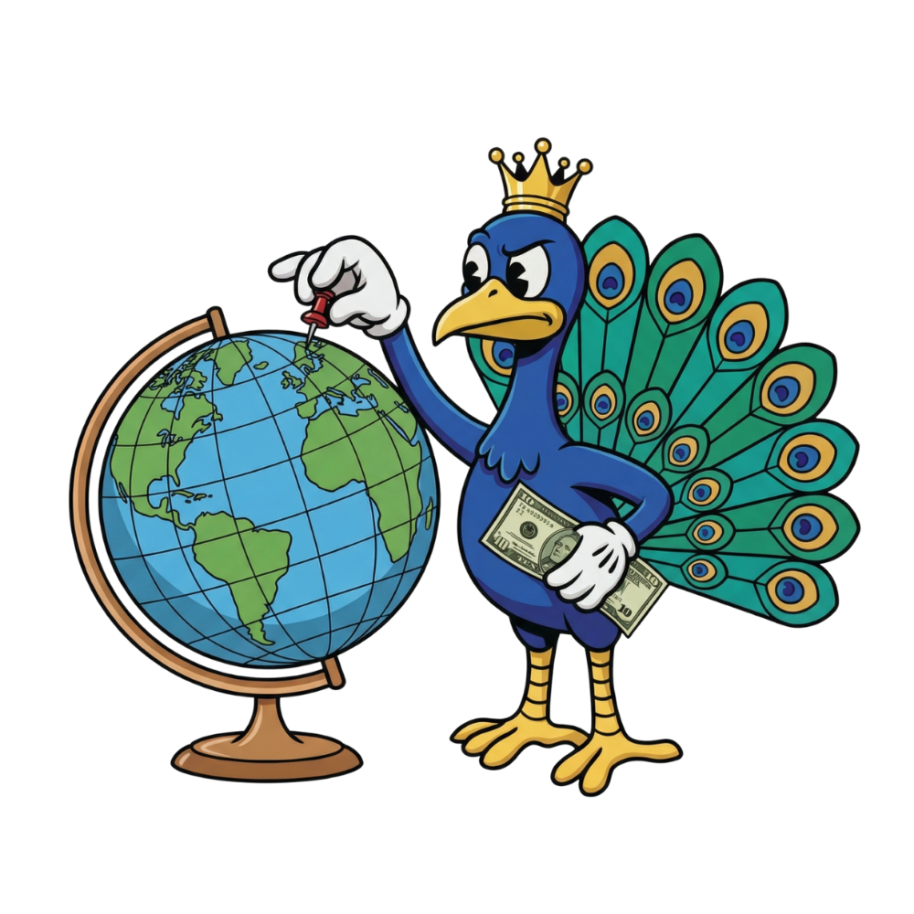 $PCOCK mascot with globe